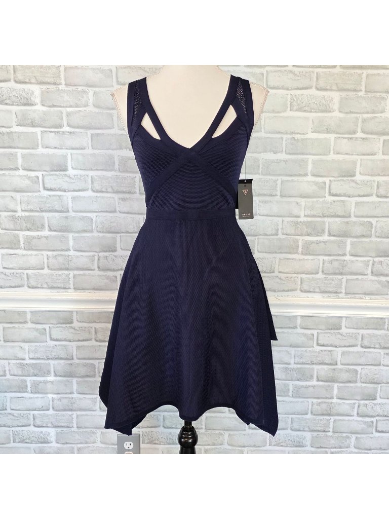 Guess Mirage Navy Textured Fit N Flare Asymmetrical Hem Party Dress S Mesh Nwt